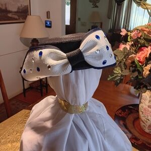 Elegant Black and White Bow Hat with Rhinestones
